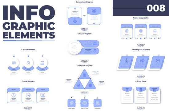 Set of infographic elements in thin line modern style. Vector illustration with business charts and elements for data visualization. Financial reporting and marketing strategy presentation concept.