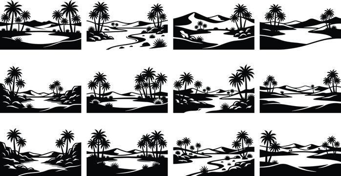 Desert oasis landscapes collection with sand dunes and palm trees black silhouette vector illustrations set