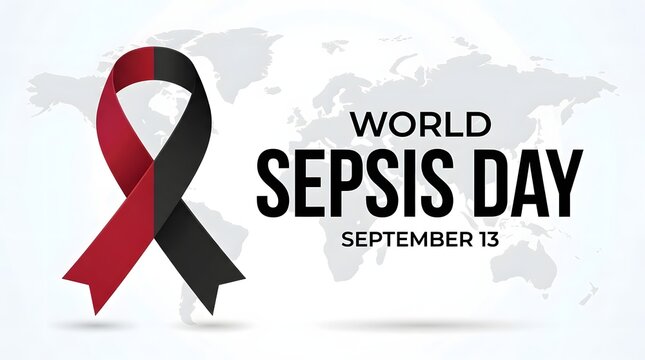 World sepsis day awareness ribbon on global map background