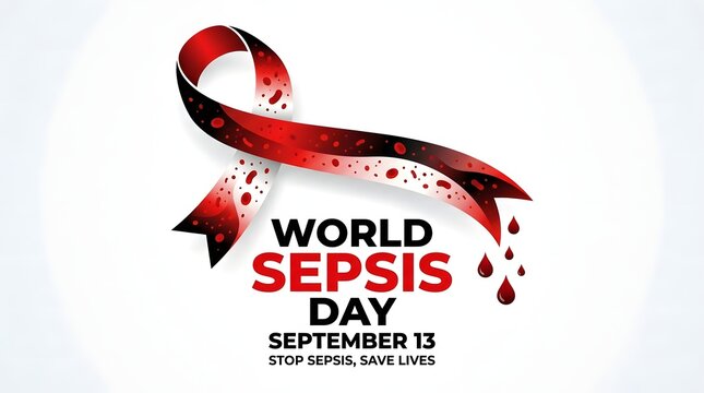 World sepsis day awareness ribbon with blood droplets and typography on a white background september 13th