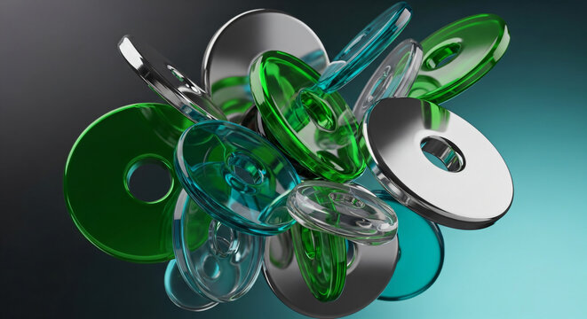 3D Abstract Floating Glass And Metallic Rings Green Blue Background