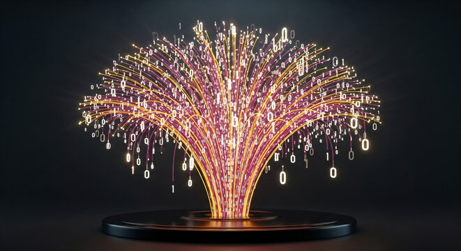 Abstract Binary Code Fountain Glowing Fiber Optic Data Flow