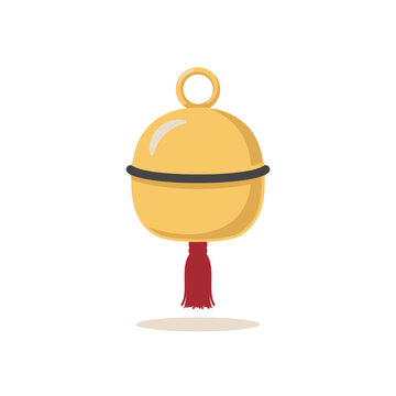Golden japanese suzu bell with a red tassel hanging ornament for traditional cultural rituals and festive decorations in simple flat