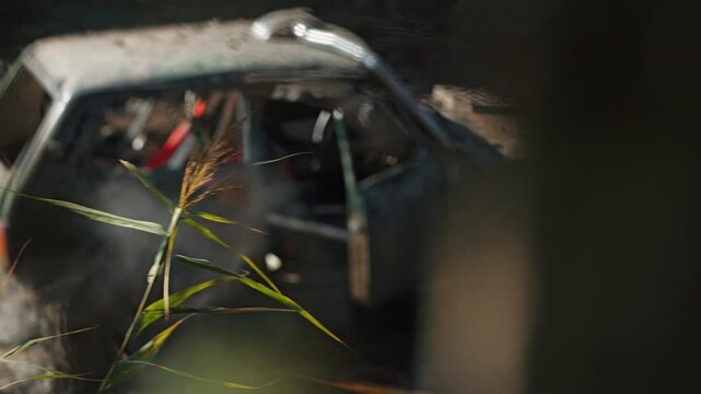 Extreme 4x4 racing action through muddy terrain. Selective focus on sunlit green leaves in foreground creates artistic effect with blurred vehicle and bokeh highlights in background