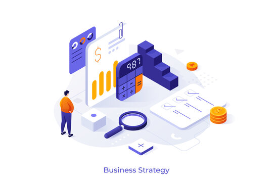 Man looking at finance data and business strategy elements. Isometric vector illustration of accounting, tax calculation, and data audit. Professional consulting and marketing concept.