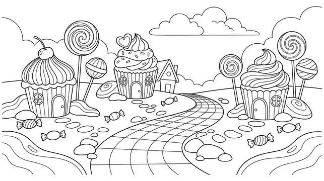 Sweet candy land with cupcakes houses and lollipop trees.