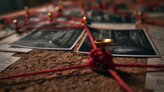 Red thread connects photos on a corkboard showing clues about a mystery or investigation in a dimly lit room