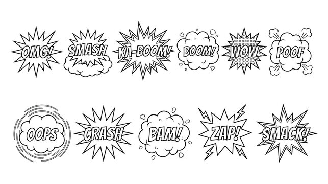 Comic book sound effect set, pop art boom crash zap wow omg.