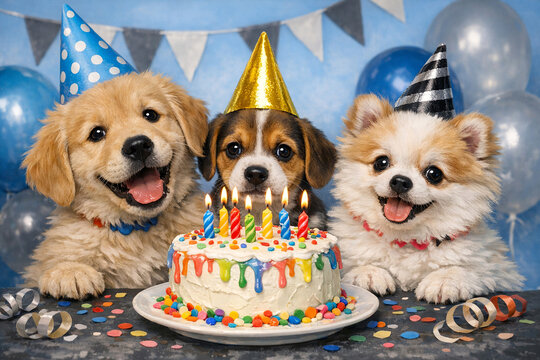 Heartwarming scene of three dogs in party hats with lit candles on cake.