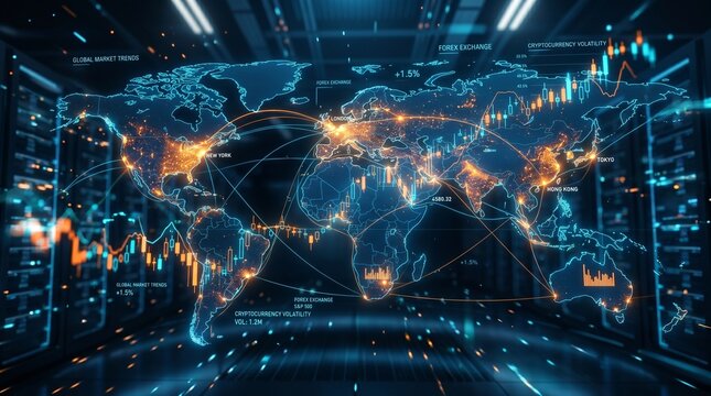 Global Financial Market Data Visualization with Digital World Map, Cryptocurrency Trading Charts, Forex Exchange Trends, Network Connectivity Lines, Server Room Background, Futuristic Fintech Concept