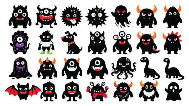 Cute black monster characters halloween cartoon set illustration.