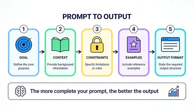 Colorful infographic diagram illustrating a five step process for creating effective prompts with icons for goal context constraints examples and output format in flat style