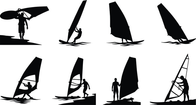 Windsurfing athletes and windsurfer equipment collection solid black silhouette vector icons isolated on white background