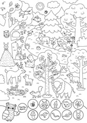 Obraz premium Vector black and white searching game with forest landscape. Spot hidden objects. Woodland line seek and find activity for kids. Wild nature worksheet, coloring page with animals, trees, deer, lynx