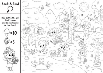 Fototapeta premium Vector black and white searching game with forest landscape. Spot hidden cone, mushroom. Woodland line seek and find activity for kids. Worksheet with curious children explorers, animals