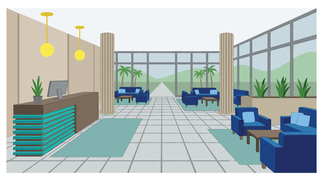Modern hotel lobby reception area interior design illustration.