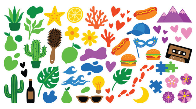 Collection of colorful objects and nature elements.