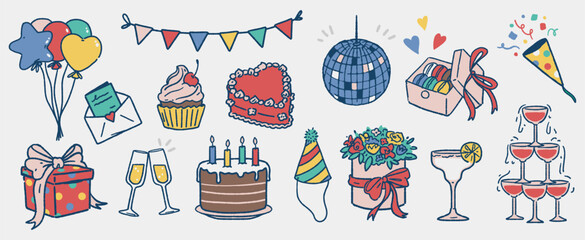 Fototapeta premium Birthday Party Elements Celebration Doodle Set