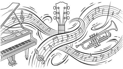 Fototapeta premium Music composition with piano, guitar, and trumpet notes.