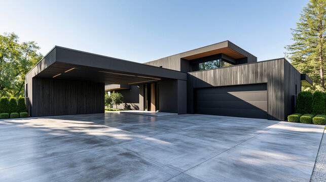 Exterior of a luxury modern minimalist house with a dark wooden facade, spacious concrete driveway, large garage, and canopy under a clear blue sky