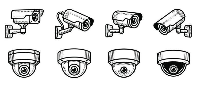 CCTV camera set line icon symbol collection for security surveillance and safety system.