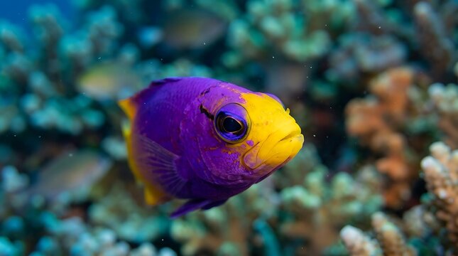 A brightly colored purple and yellow fish swims near coral reefs underwater.