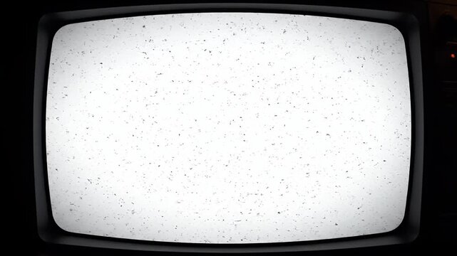 A vintage television screen displays static with horizontal lines and a dark band.