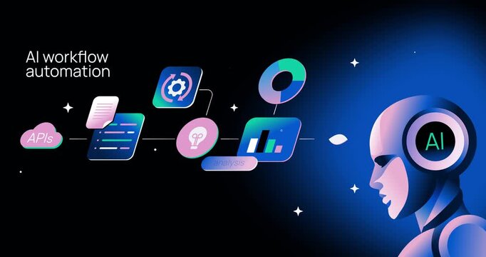 AI Workflow Automation. Modern motion graphics with cyborg powered by artificial intelligence, analyzing business data and financial statistics. Machine learning and neural networks. Animated cartoon