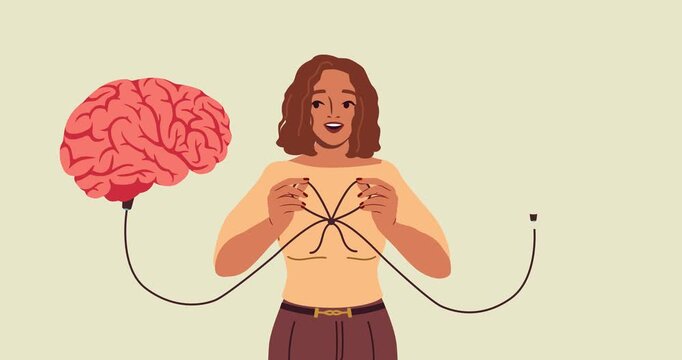 Heart and brain connection. Woman tie string from her heart and brain into bow. Controlling feeling and emotion with logical thinking. Flat graphic animated cartoon