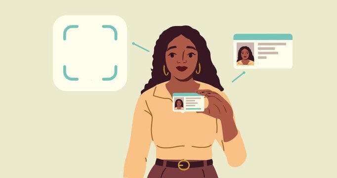 Woman showing her ID. Character hold personal document and undergo identity verification using facial recognition system. Cybersecurity and Safety. Flat graphic animated cartoon