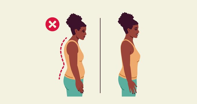 Person with bad incorrect posture. Comparison of woman with hunched back and belly sticking out and with good posture and shoulders back. Proper position of spine. Flat graphic animated cartoon