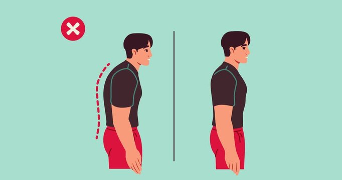 Person with bad incorrect posture. Comparison of men with hunched back and belly sticking out and with good posture and shoulders back. Proper position of spine. Flat graphic animated cartoon
