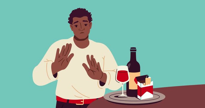 Person giving up bad habits. Man make stop gesture with their hands, rejecting offer to smoke or drink alcohol. Overcoming addictions. Motion design. Flat graphic animated cartoon