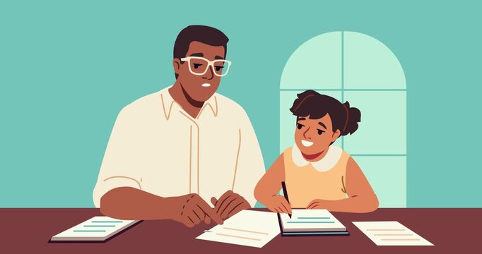 Teacher and tutor explain to child. Elementary school student receiving help with reading, studying, and completing homework tasks. Education and learning motion design. Flat graphic animated cartoon