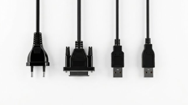 Set of various computer and power cables and connectors isolated on white background