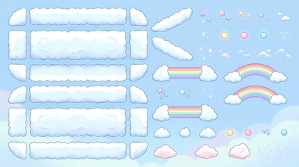 Naklejka premium fantasy game environment, dreamy pastel landscape features fluffy clouds and vibrant rainbow bridges