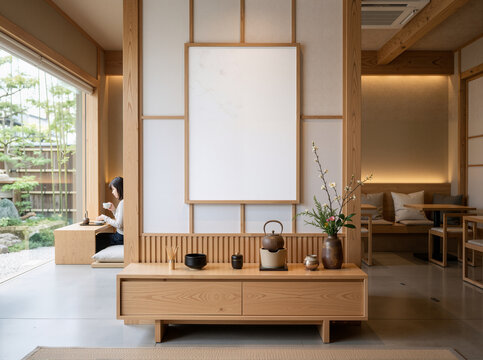 Oversized Serenity: A0 White Poster Anchors a Stone-Wall Caf&eacute; Nook&mdash;Warm Bench, Sculptural Pendant, and Handcrafted Details Evoke Quiet Luxury in 8K Photorealism