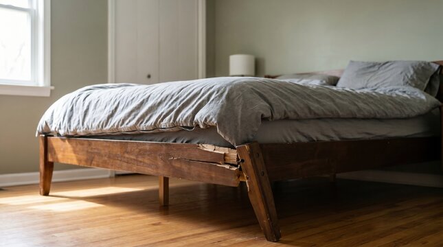 Broken wooden bed frame with damaged leg in bedroom home insurance concept.