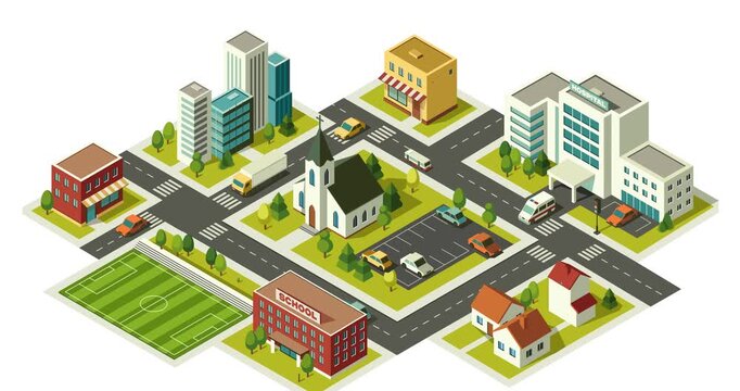 Small town isometric map. Motion graphics with detailed city landscape with streets, houses, shops, school, hospital and business district. Urban infrastructure. 3D animated cartoon