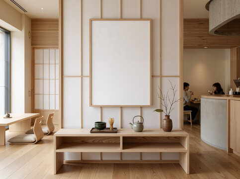 Oversized Serenity: A0 White Poster Anchors a Stone-Wall Caf&eacute; Nook&mdash;Warm Bench, Sculptural Pendant, and Handcrafted Details Evoke Quiet Luxury in 8K Photorealism
