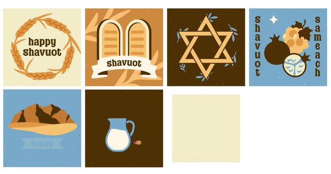 Shavuot celebration motion graphics. Festive greeting cards for traditional Jewish holiday of Shavuot Sameach, Giving of Torah and harvest season. Flat animated cartoon