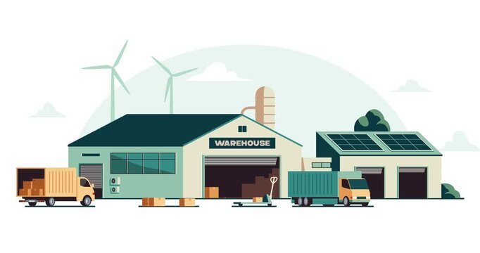 Warehouse industry motion graphics scene. Distribution center with employees unloading boxes from trucks. Logistics, shipping, cargo handling and supply chain operations. Flat animated cartoon