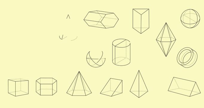 3D Geometric shapes motion graphics set. Volumetric line art figures and objects with pyramid, cube and sphere. Crystal, diamond and gemstone elements. Outline animated cartoon