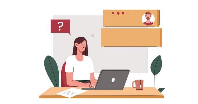 Online review motion graphics concept. Woman with laptop evaluating employee profiles, freelance jobs and services. Feedback, user opinion, rating and ranking. Flat animated cartoon
