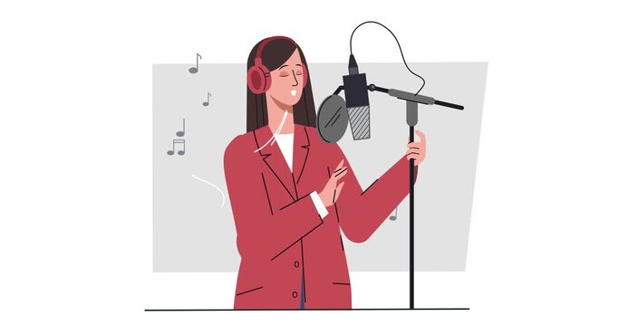Singer in recording studio. Female vocalist with headphones and microphone comes up with new song. Vocal performance, songwriting, creativity and music production. Flat graphic animated cartoon