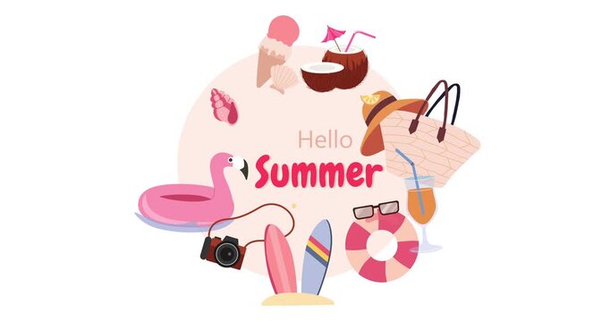 Hello Summer motion banner. Set of cute seasonal items for summer vacation and beach holidays. Inflatable ring, coconut, surfboard, umbrella and seaside accessories. Flat graphic animated cartoon