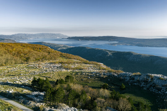 Aerial View of Drivenik, Croatia with Coastal Landscape and Mountains