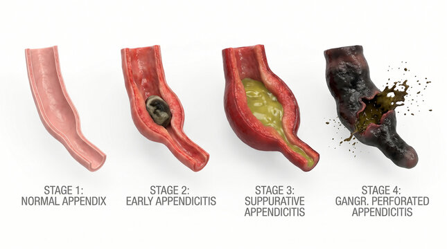3D Medical Illustration Showing Four Stages of Appendicitis Progression