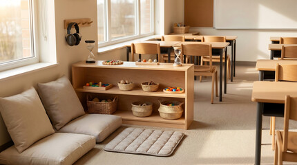 Fototapeta premium Prepared sensory classroom corner with calm learning materials