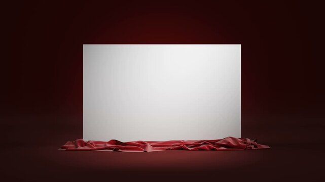 Red cloth unveiling a blank white presentation board. Empty podium covered with blue cloth. Isolated with luma matte, green chromakey.
